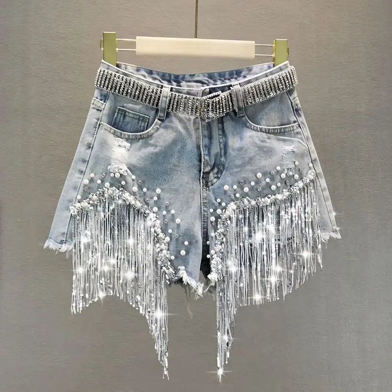 Denim-Shorts für Damen, 2022, Sommerkleidung, neue europäische Jeans mit hoher Taille, dünn, schwere Industrie, Perlen, Pailletten, Fransen, gebrochene Kupfer-Jeans