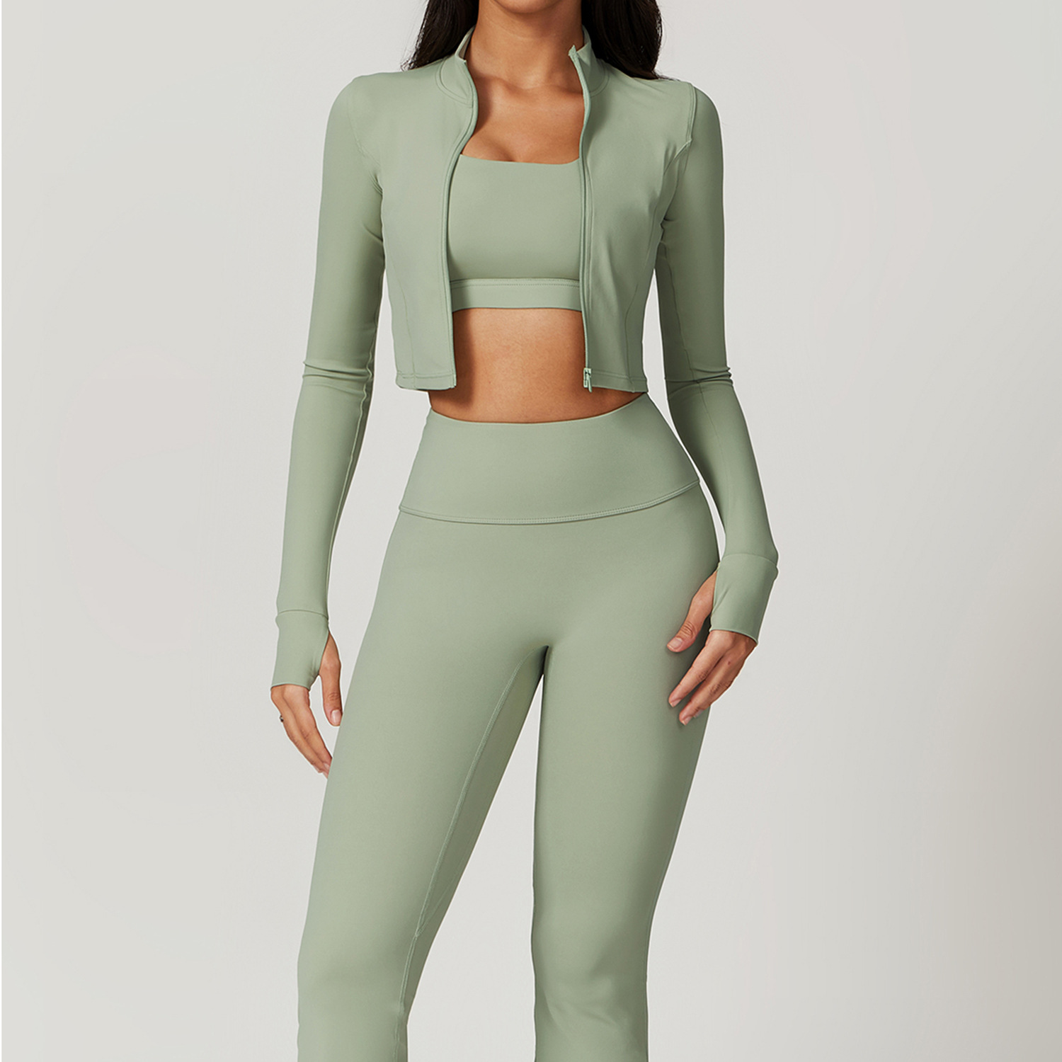 Conjunto de 3 uds de Yoga para mujer, conjuntos de entrenamiento, ropa deportiva para gimnasio, Fitness, cremallera, manga larga, mallas de cintura alta, trajes deportivos, traje de Yoga