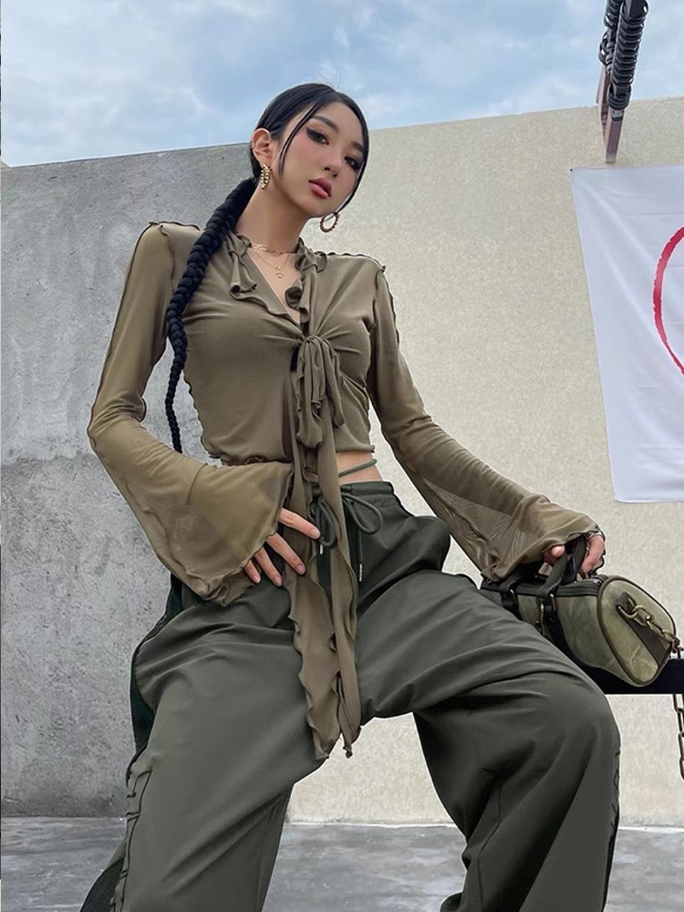 Blusa de manga larga acampanada para mujer, malla con cordones, Sexy, dulce, caliente, estilo de moda coreana, combina con todo, diseño sólido, elegante, informal