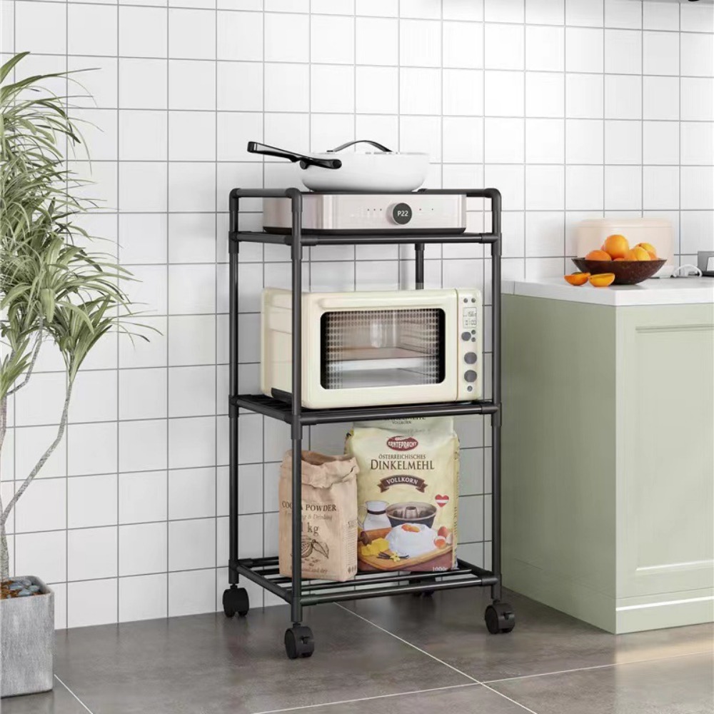 Floor-Standing Microwave Storage Rack Multi Layer Shelf Kitchen With Pulley Trolley Punch-Free Easy To Assemble Kitchen Storage