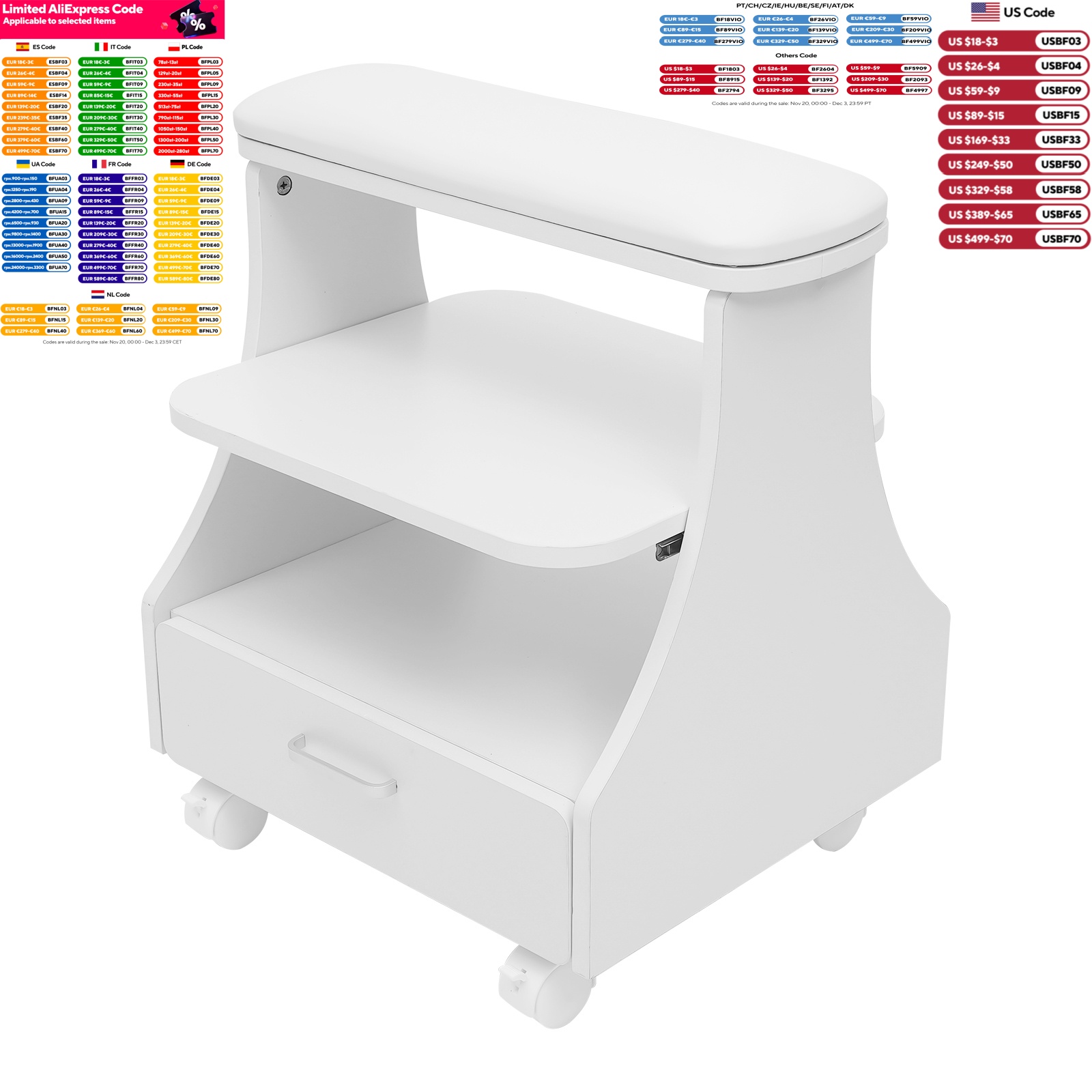 3-tier Foot Rest Manicure Stool Pedicure Cart Footbath Trolley with 4 Casters for Beauty Salon Stores 50kg White/Black/Pink