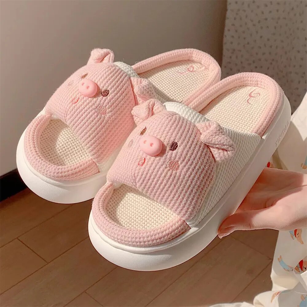 รองเท้าแตะสําหรับผู้หญิงผ้าลินินผ้าฝ้ายรองเท้าหนานุ่มหมูน่ารักลื่นสําหรับกลางแจ้งสําหรับ Four Seasons สไตล์เกาหลี