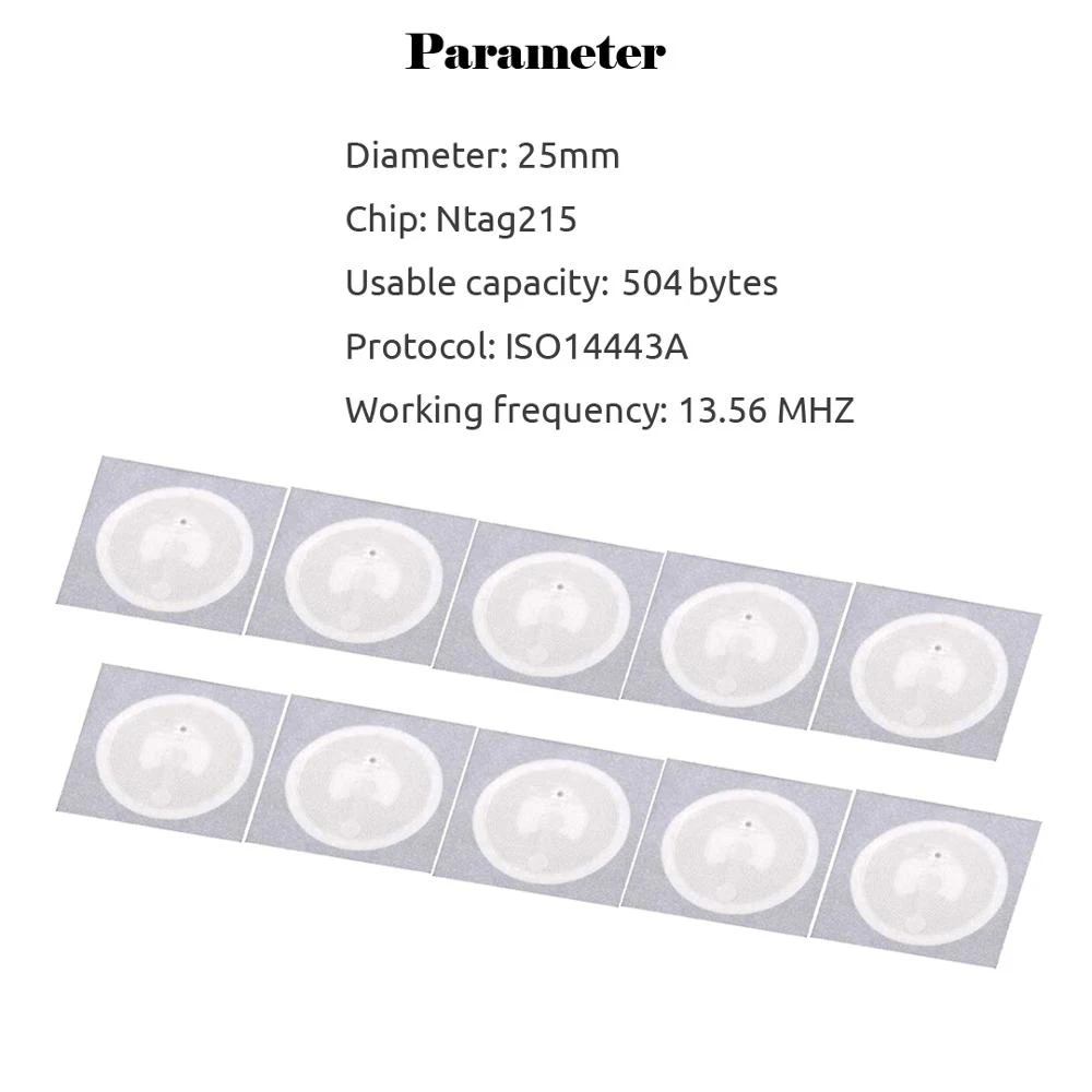 50/100 Stück Ntag215 selbstklebender NFC-Etikettenetikettenaufkleber 13,56 MHz ISO14443A weiß Universal 215 RFID-Telefon erhältlich Klebeetikett