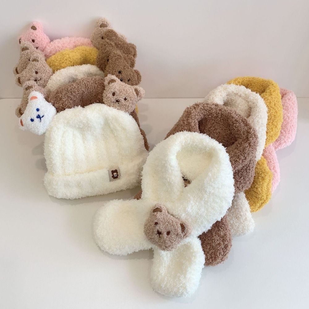 2 pçs dos desenhos animados urso bebê inverno chapéu cachecol conjunto crianças cachecóis quentes de pelúcia malha boné grosso proteção da orelha gorro infantil para menina menino