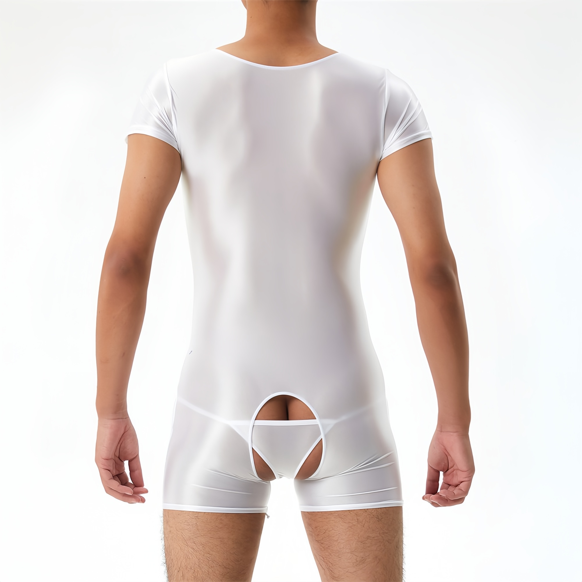 Monos sexys de una pieza para hombre, ropa de dormir, mono elástico de Color sólido, medias lisas de entrepierna abierta, lencería de manga corta