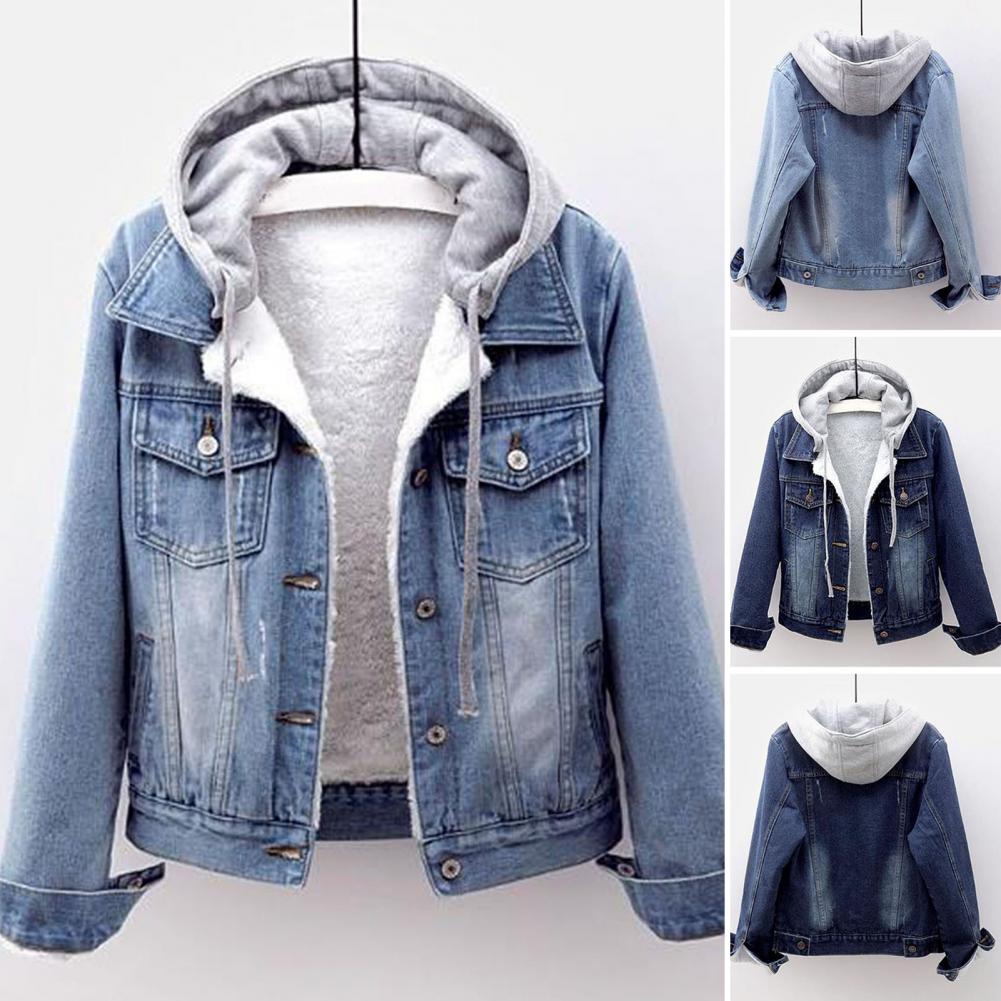 Frauen Winter Jacke Mit Kapuze Solide Lange Ärmel Abnehmbare Hut Dicke Warm Halten einreiher Plus Größe Plüsch Denim Winter mantel
