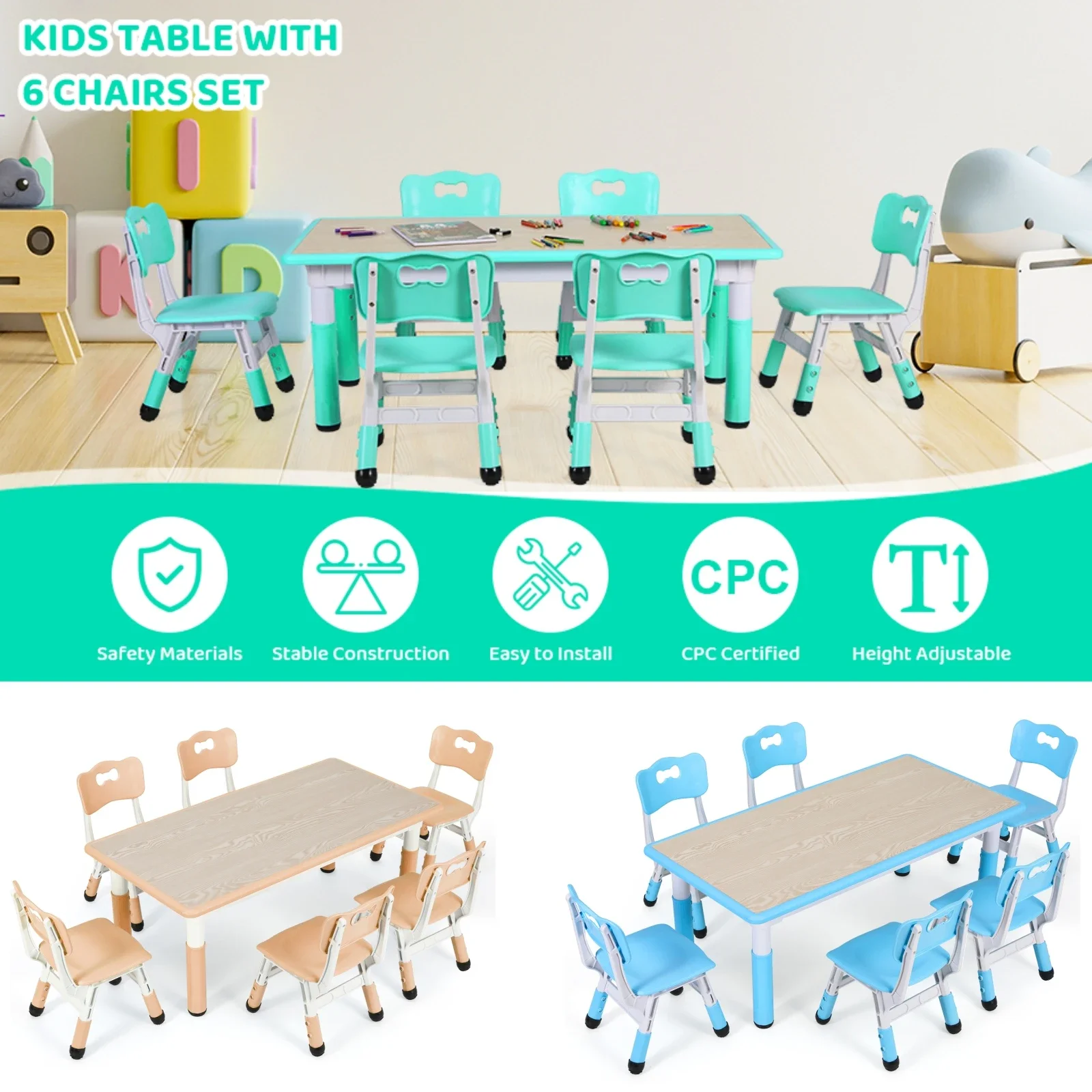 Set tavolo e 6 sedie per bambini Set tavolo multiattività per bambini regolabile in altezza Set tavolo e sedie per bambini da studio