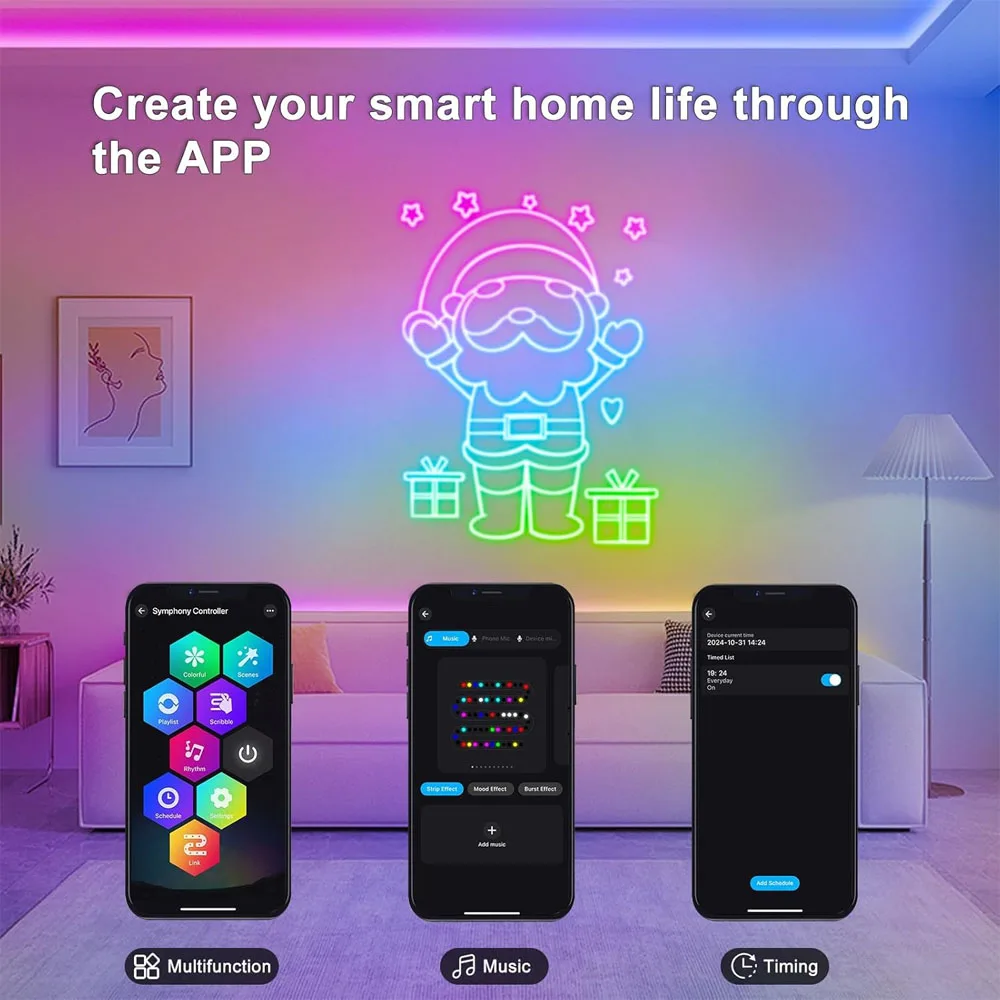 RGBIC Musical Neon LED Strip Lights with Remote, APP Control DIY Screen Pattern, USB 5V IP65 Waterproof for Xmas Halloween Party