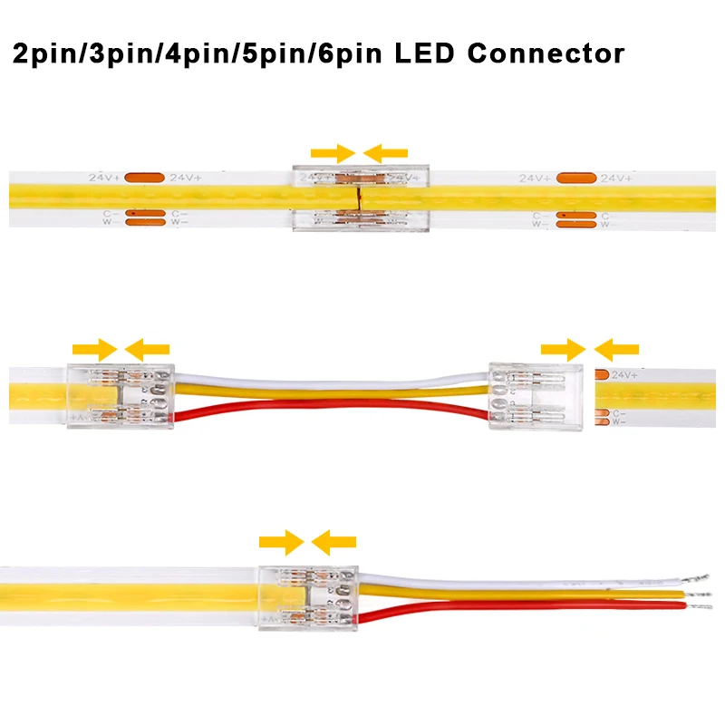 Conector de tira de LED transparente sin soldadura, 5 uds., para COB 2835 5050 DIM RGB CCT, luces de tira LED IP20, conectores de extremo doble único