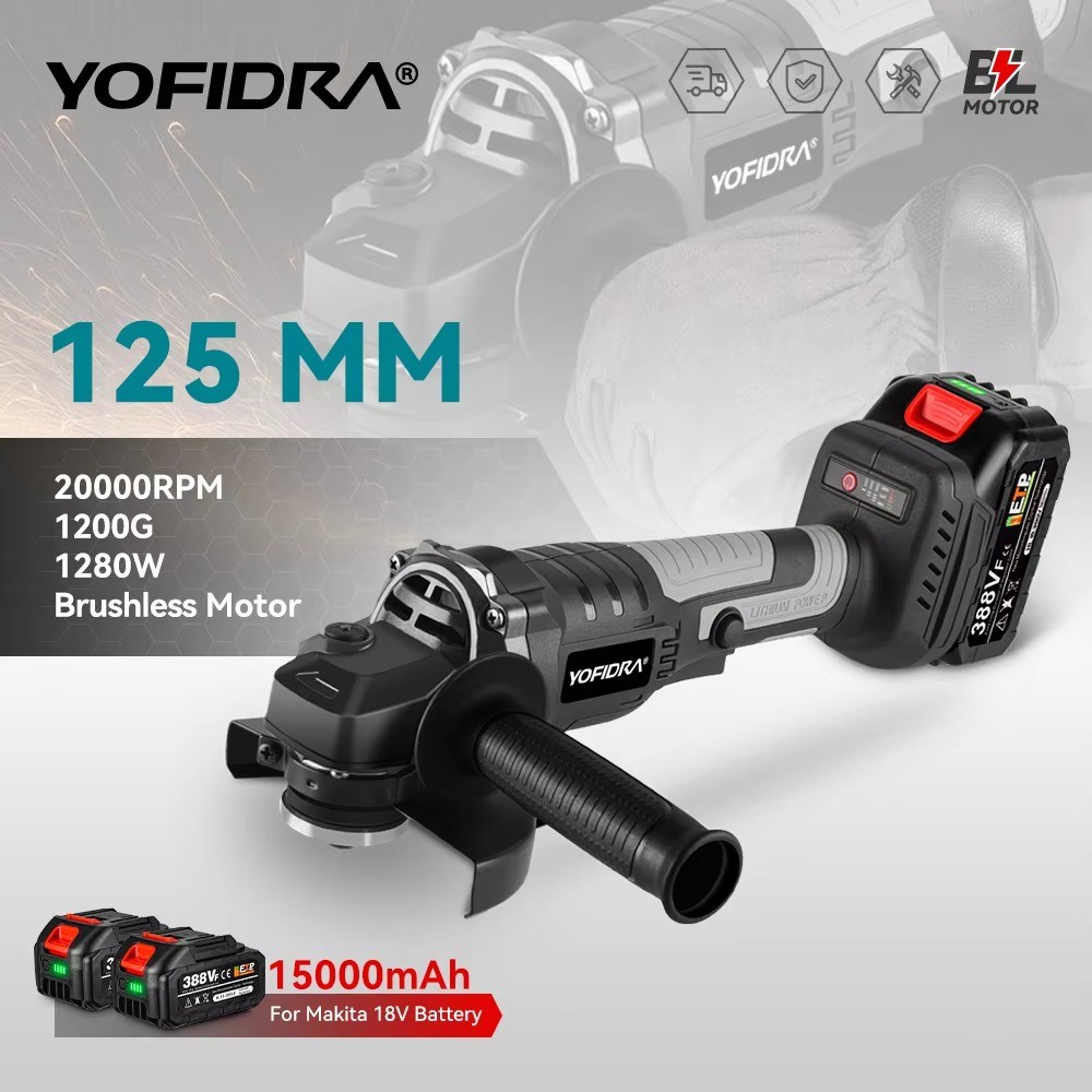 YOFIDRA 125 mm bürstenloser Winkelschleifer, 3 Gänge, kabellos, effizient, Holzschneiden, Polieren, Elektrowerkzeug für 21 V 18 V Akku
