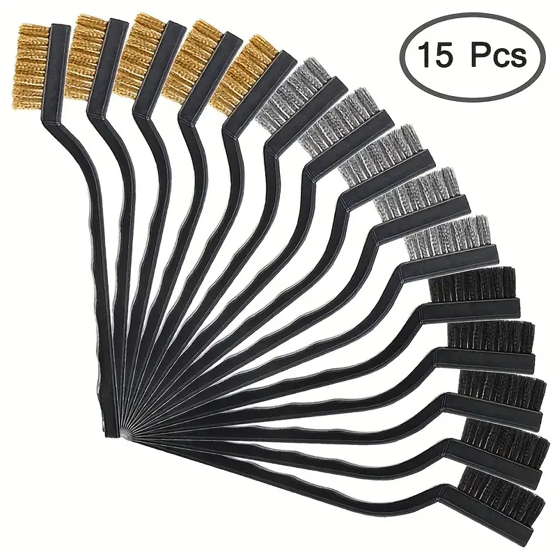 15pcs Wire Brush Set (Stainless Steel+Brass+Nylon) Curved Handle Brush Set For Cleaning, Welding Slag & Rust Removal