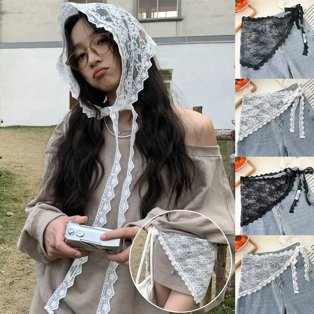 Y2K-falda de media falda de encaje apilada para mujer, falda Bandage de tul con encaje, cortina a tope pequeña, Falda corta, bufanda triangular para el pelo con flores