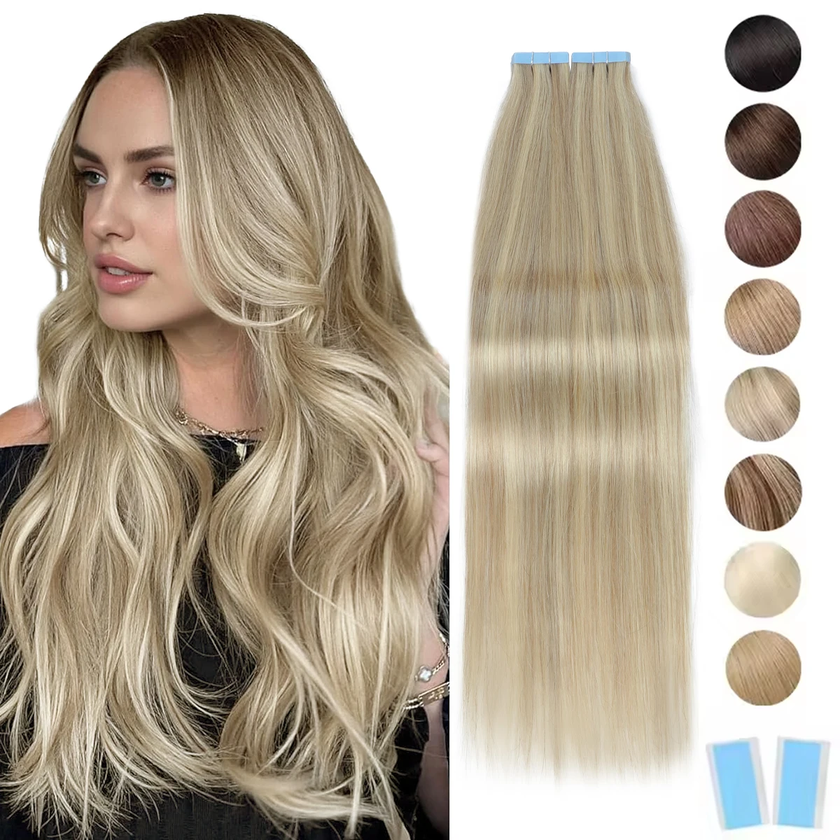 MRSHAIR Tape-in-Haarverlängerungen, Echthaar, blond, nahtlos, Tape-Haarverlängerungen, 4 x 0,8 cm, Hautschuss, PU-Tape auf dem Haar, 20 Stück, 30,5–61 cm