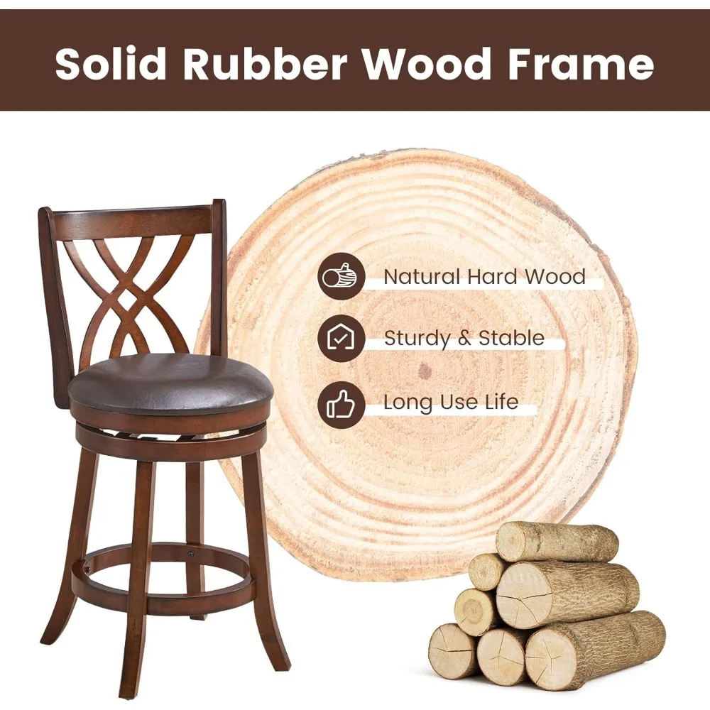 Bar Stools Set of 4, 360° Swivel Chairs with Rubber Wood Frame, 26 in PU Leather Cushioned Seat and Footrests, for Kitch