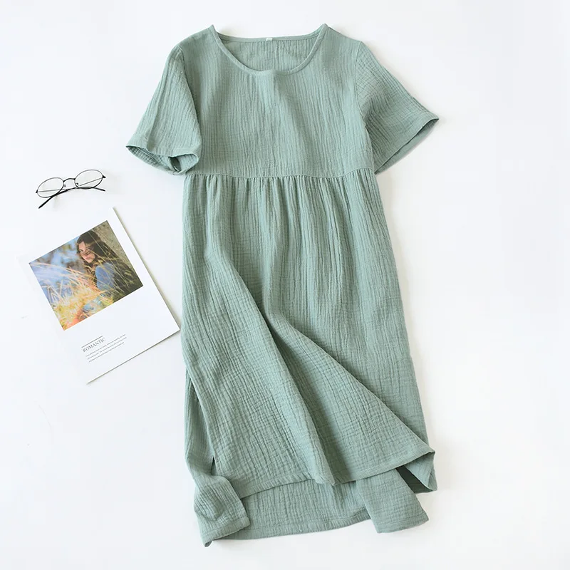 Camisones de verano cómodos de color sólido de gasa de algodón falda larga camisones de casa camisón de cuello redondo para mujer sección delgada