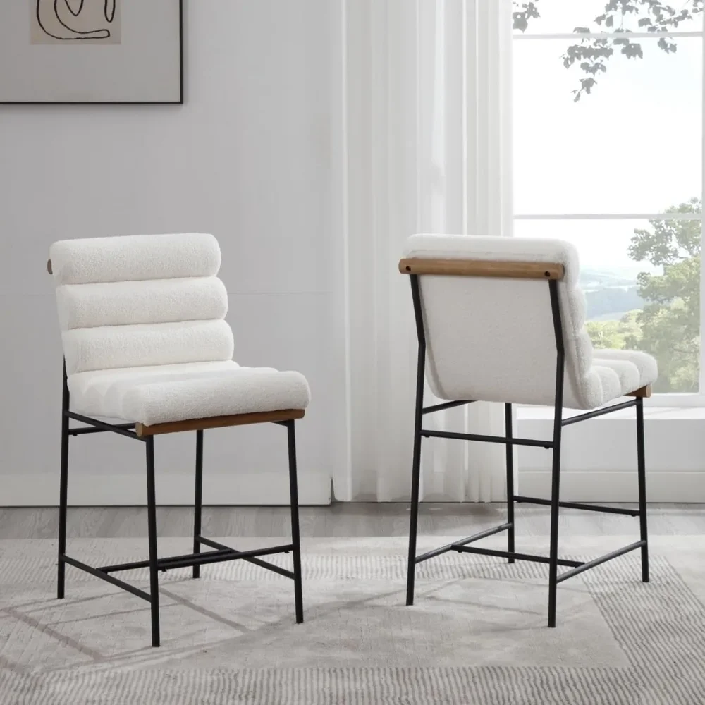 Pair of Modern Sherpa White Upholstered Counter Stools, 25 Seat Height with Tufted Back and Cushion for Comfort