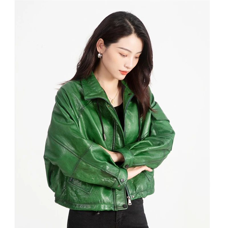 Olie Wax Schapenvacht Jassen Voor Vrouwen Winter 2024 Groen/Blauw/Rood/Zwart Fahion Losse Slanke Motor Rits Korte Leren Jas