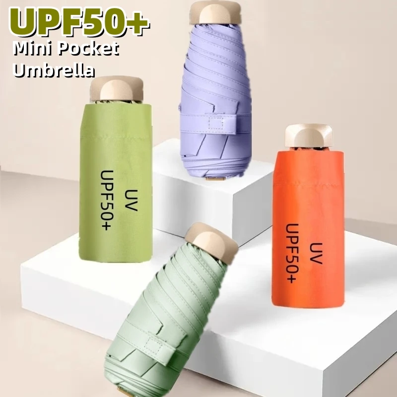 UPF50+ Mini Paraguas de bolsillo Paraguas de sombra de sol Vinilo portátil Paraguas de viaje de lluvia plegable Protección UV Sombrilla Cápsula 