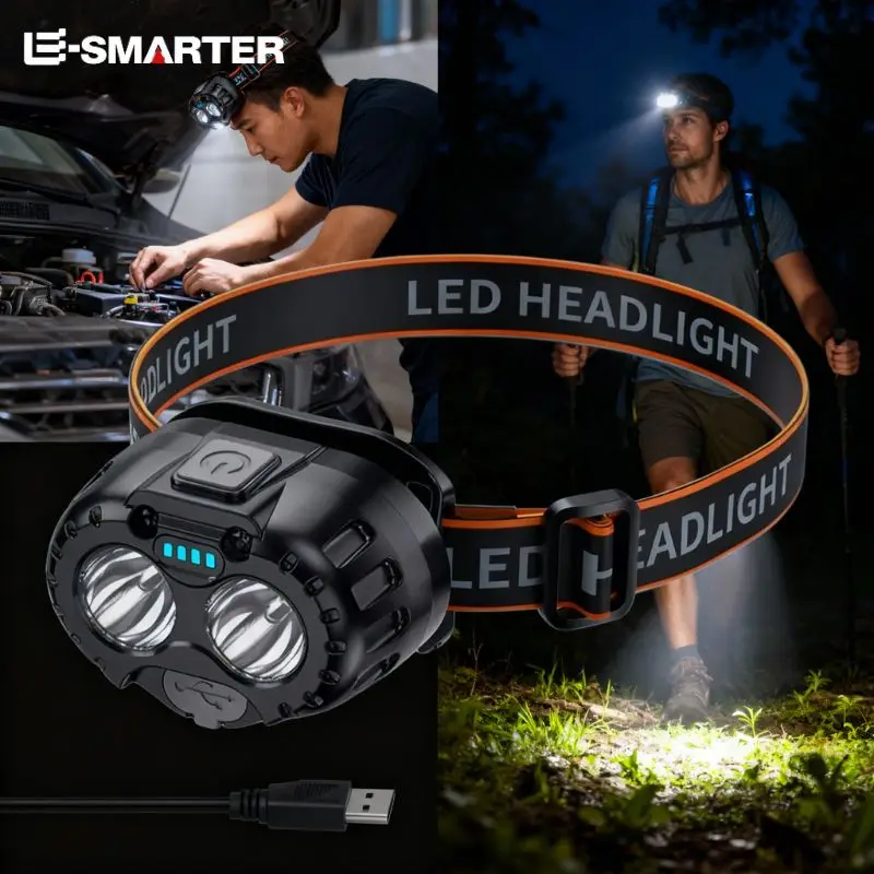 ไฟฉายคาดศีรษะฉุกเฉินเซ็นเซอร์ตรวจจับความเคลื่อนไหว LED ไฟฉายหน้าผากชาร์จ USB 250LM XPE ไฟหน้าแบบ LED สำหรับตกปลากลางแจ้ง