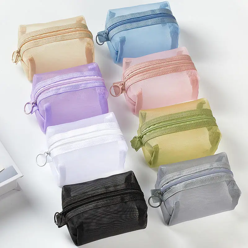 Mini bolsas de cosméticos de malla de nailon transparente para mujer, pequeñas bolsas de maquillaje para lápiz labial, bolsa de línea de datos, estuche organizador para auriculares y llaves