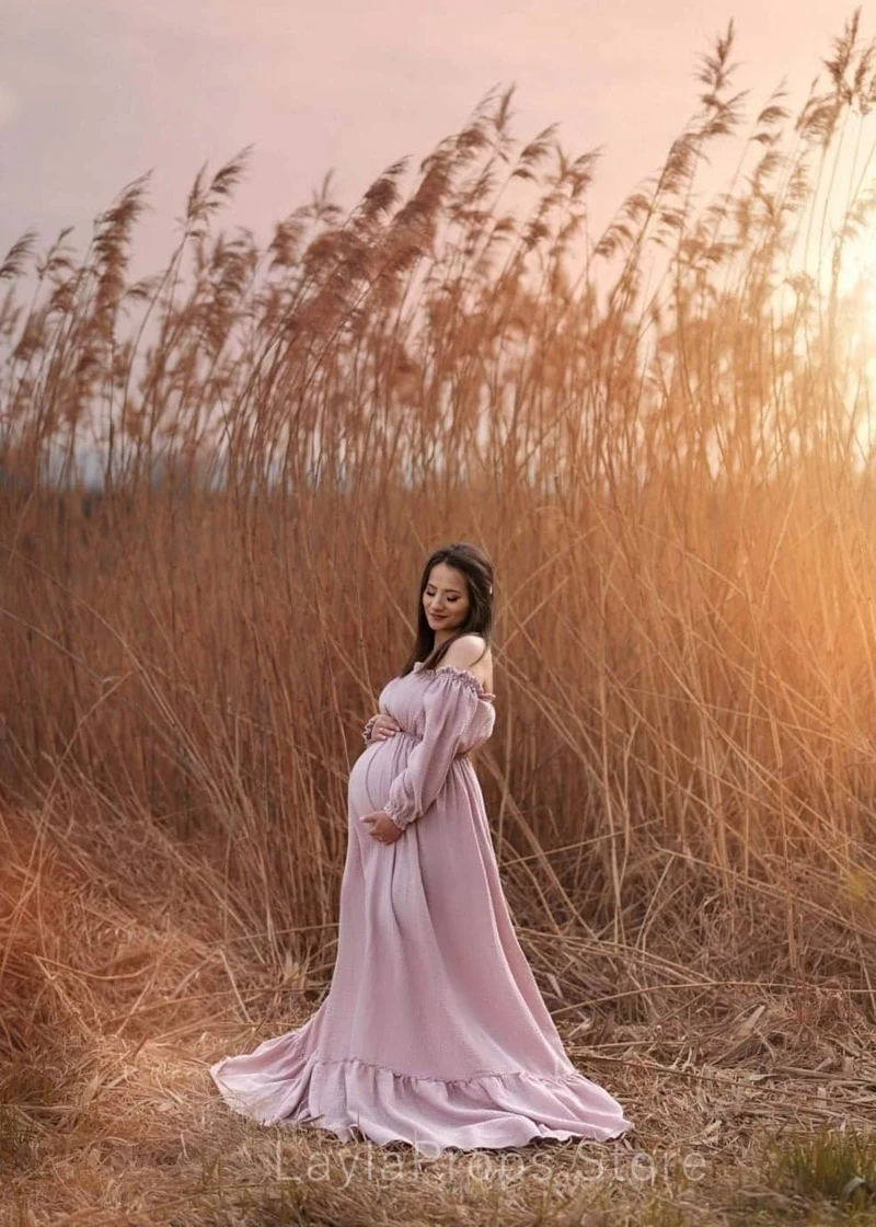 โบฮีเมียนถ่ายภาพการตั้งครรภ์ชุดผ้าลินินผ้าฝ้าย Retro หลวมชุดคลุมท้อง Boho สไตล์ชุดถ่ายภาพตั้งครรภ์