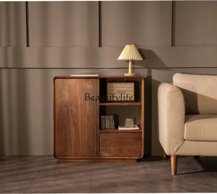 Kabinet Samping Ruang Tamu Nordik Kayu Solid Minimalis Modern Walnut Hitam