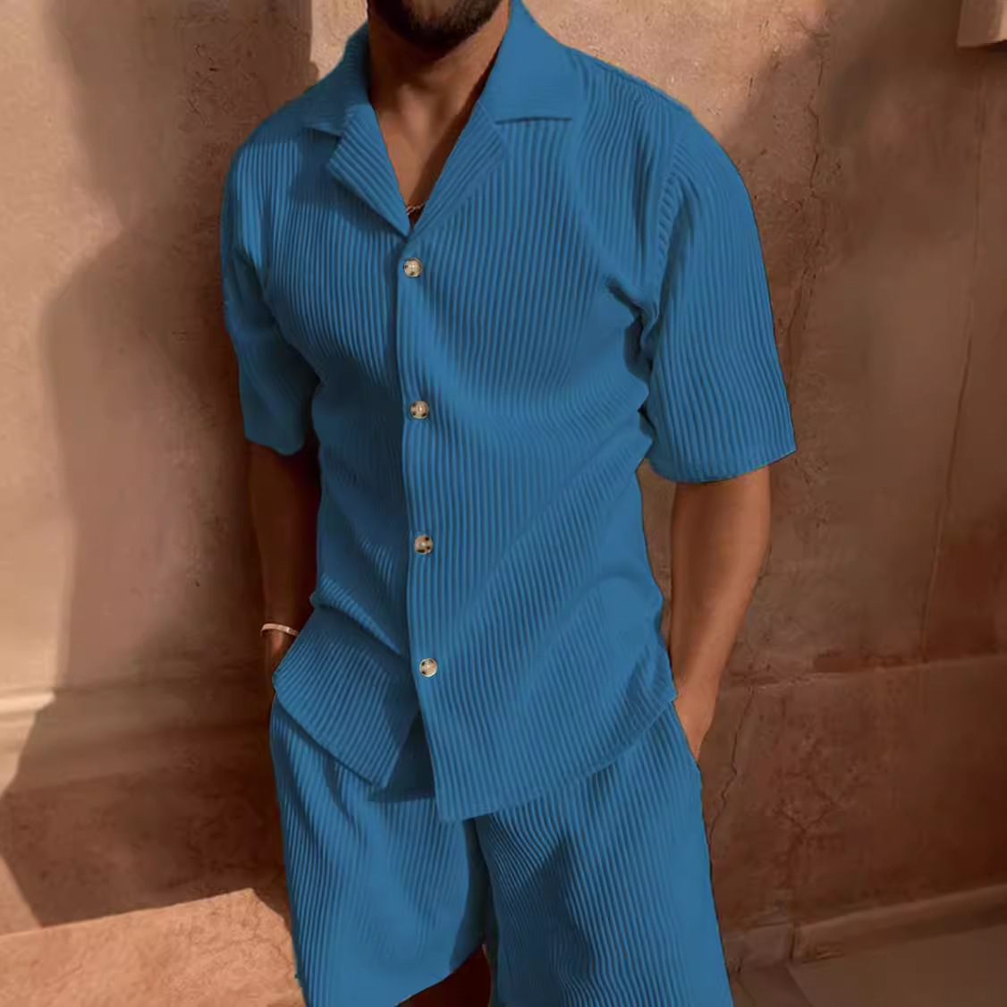 Nouveaux hommes velours côtelé décontracté à manches courtes chemise Shorts costume plage Style décontracté revers col course formation costume