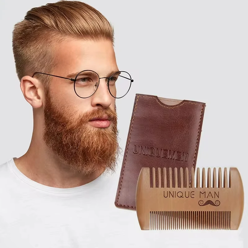 Cepillo de pelo de madera Natural, peine para Barba con Funda de cuero PU, peine de bolsillo antiestático para bigote, herramientas para el cuidado del cabello para regalo de hombres