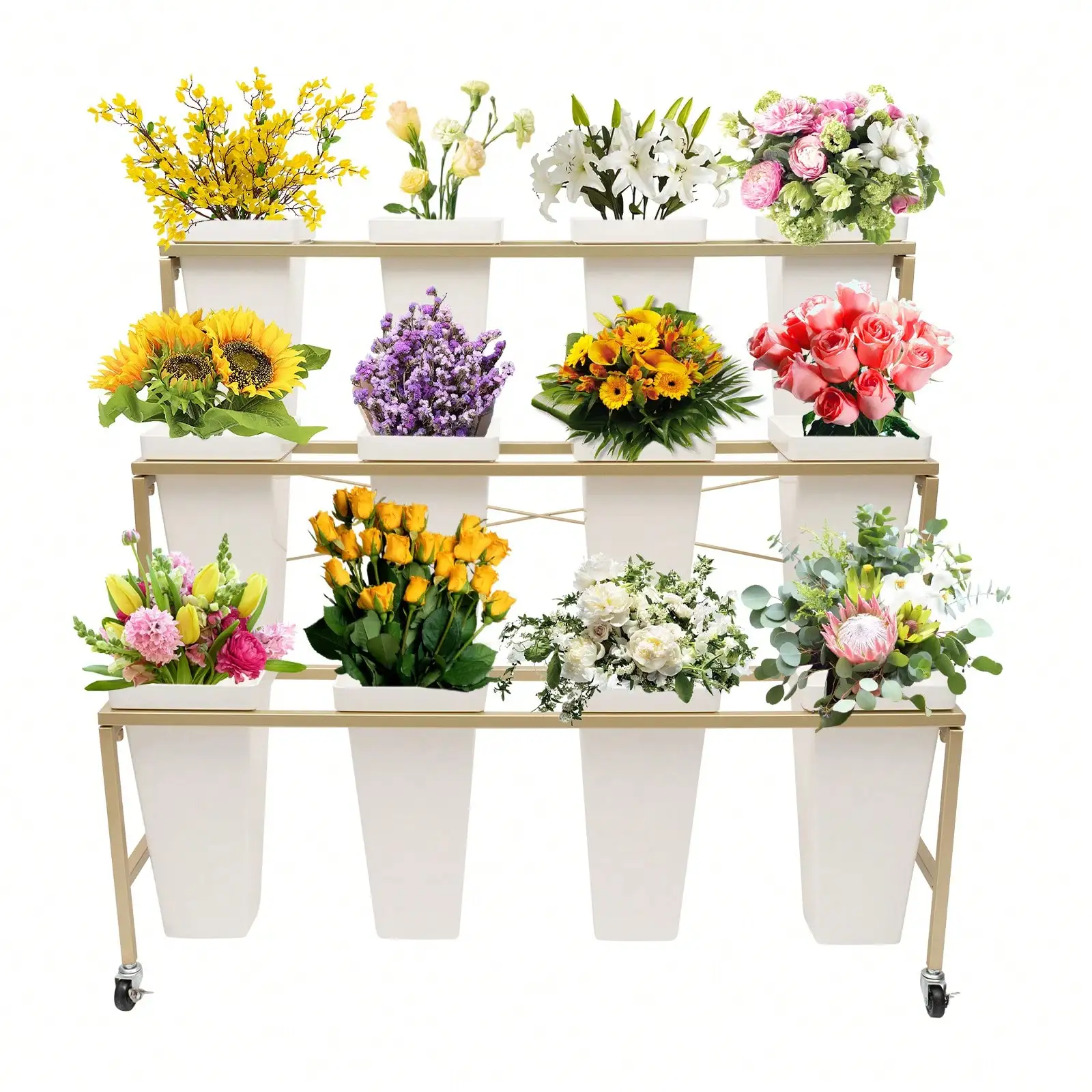 Gold  Three Layer Flower Shop Flower Display Rack Gold One Layer With Four White Square Buckets (12 Small Buckets+Rack)