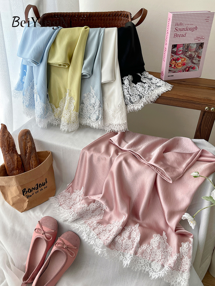 Beiyingni Franse Elegante Satijnen Zeemeermin Rok Vrouwen Lente Zomer Kant Patchwork Pack Hip Lange A-lijn Rokken Kantoor Dames Faldas