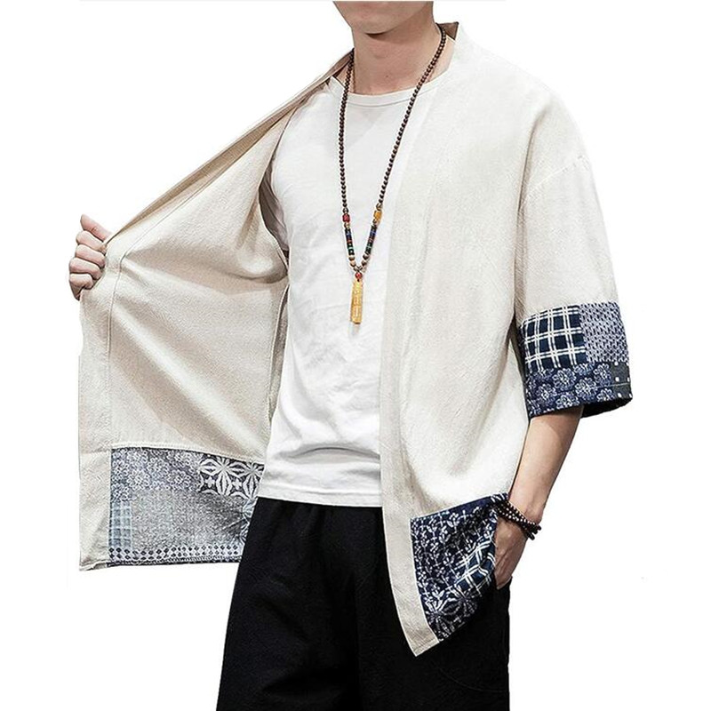Cardigan Kimono japonais pour hommes, ample, en coton et lin, manches 3/4, ouvert sur le devant, chemise d'été décontractée