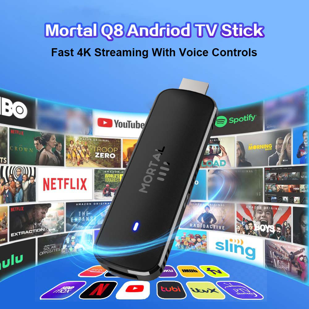 Versão global Android TV Stick Mortal Q8 Comando por voz Android14 8K4K Vídeo Wifi6 Netflix YouTube Streaming TV Stick TV Box