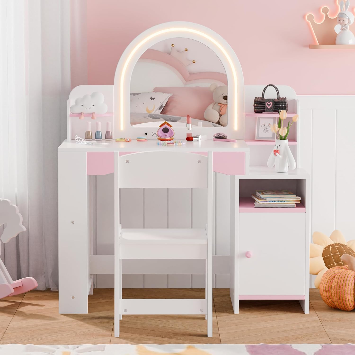 Kids Vanity with Lights, 2-in-1 Makeup Desk & Chair Set with Mirror, White Warm home