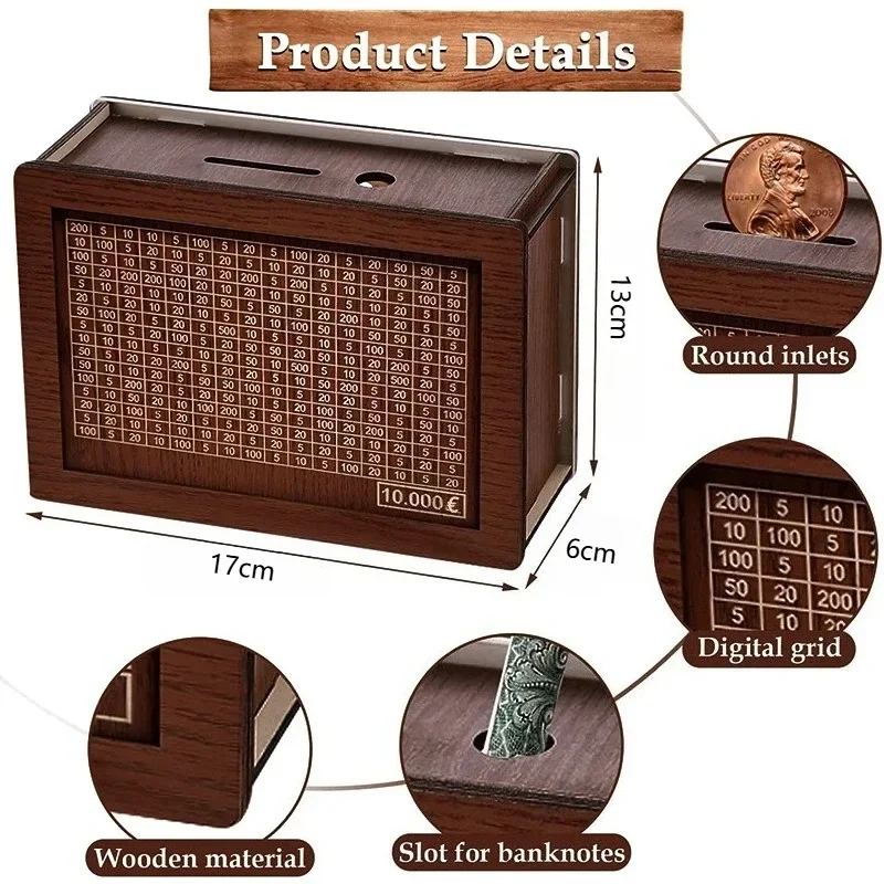Nueva caja de dinero de madera hecha a mano, caja de ahorro de dinero reutilizable con ahorro de dinero, mostrador de objetivos, artesanía, hucha para niños