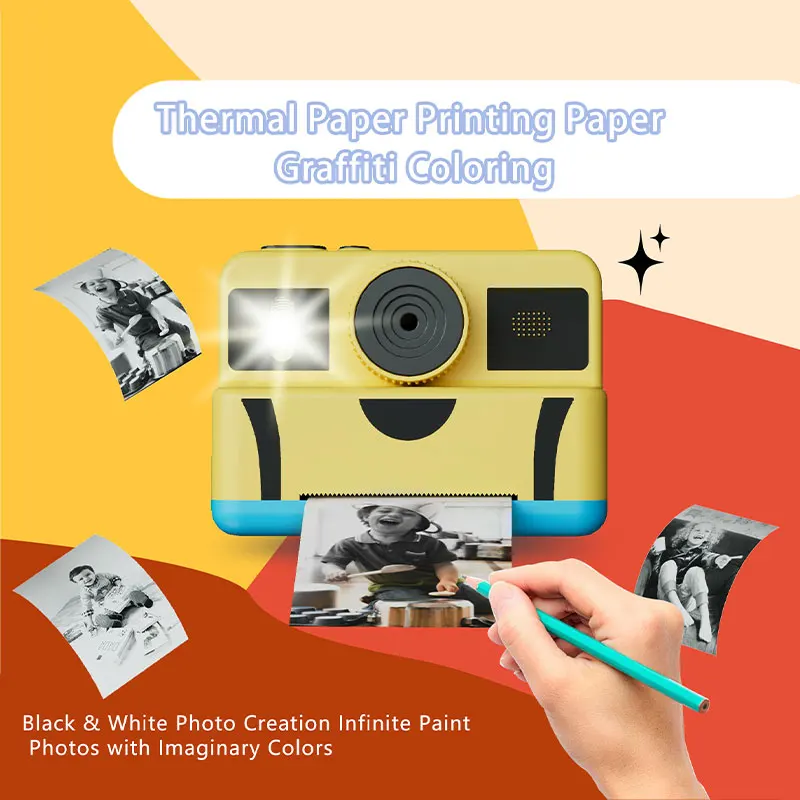Câmera infantil, câmera de impressão instantânea de desenho animado | Com 3 rolos de papel térmico | Carregamento USB | Presente especial de Natal e aniversário para crianças