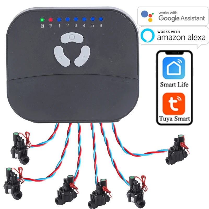 6-Zonen-WIFI Connect Tuya Smart Home Bewässerungstimer Gartenbewässerungsregler Wasserventil Bewässerung Timer System
