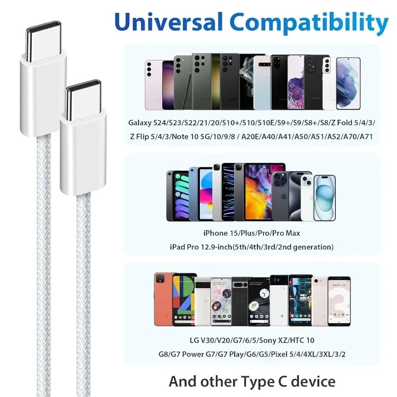 VIKEFON Cable USB C a USB C 60W Cable cargador de carga rápida compatible con carga rápida para iPhone 16 15 Samsung Xiaomi Huawei, etc.