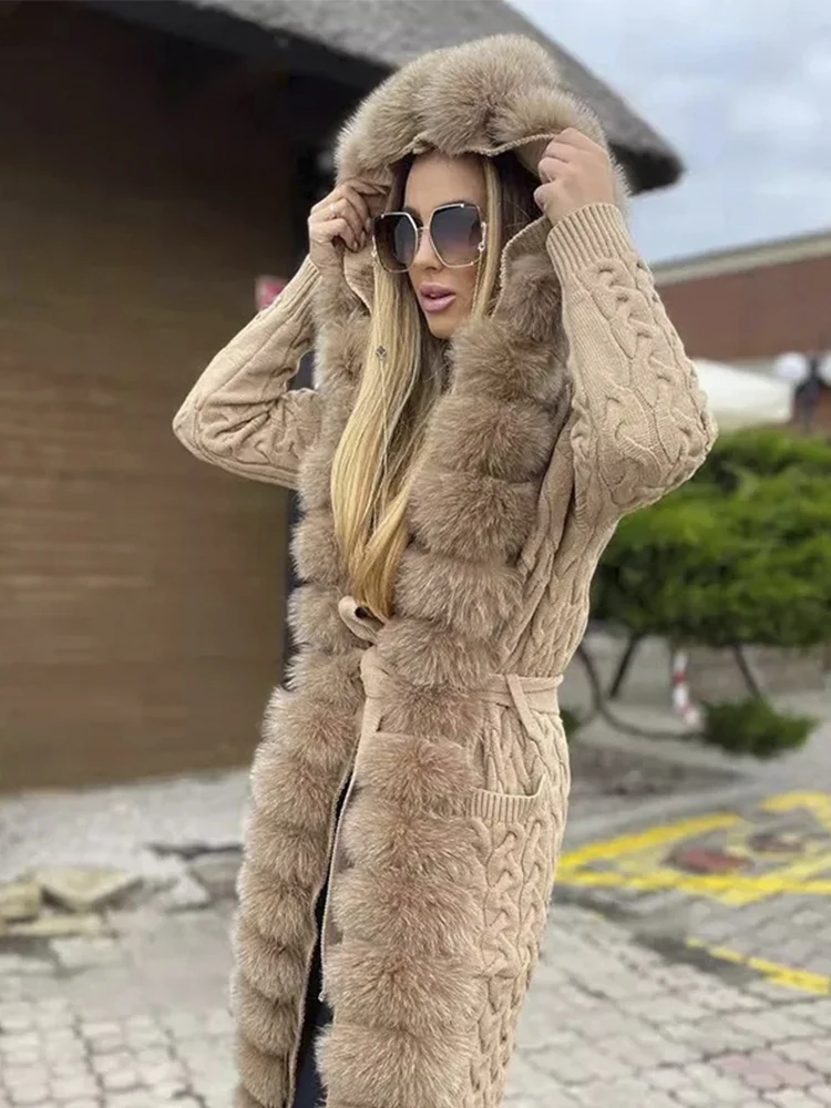 Furshehe Herbst Winter Frauen Pullover lange gestrickte Strickjacken echte Fuchs Pelzmantel abnehmbare Mode Streetwear Dame Strickwaren