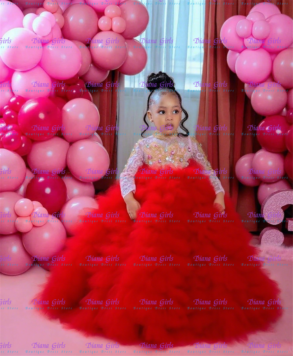 Gelaagde bloemenmeisjesjurk Elegante tule edelsteen pailletten lange mouwen pluizige prinses kinderverjaardagscadeau bal eerste communiejurken