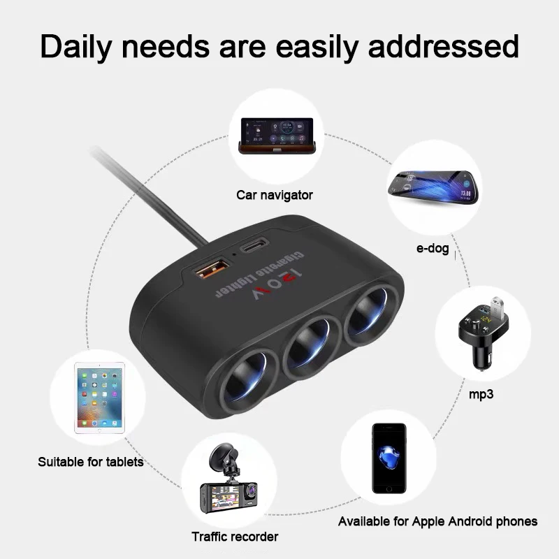 3 in 1 Dual USB Socket 120 W Sigarettenaansteker Splitter 12 V 24 V Snelle Oplader plug Telefoon Power Adapter voor Auto Dvr g