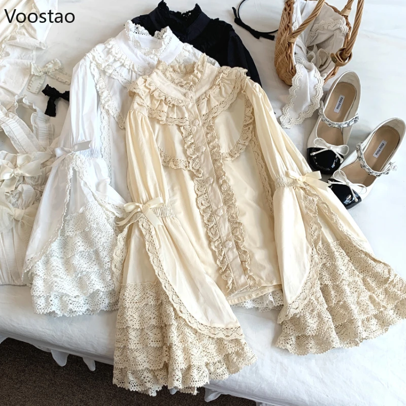 Victorian Elegant Lolita เสื้อผู้หญิง Harajuku Gothic Y2k ลูกไม้ Ruffle Flare แขนเสื้อผ้าฝ้ายหญิง Vintage Blusas Mujer Top