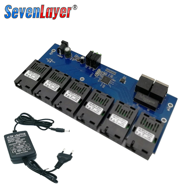 10/100M Fast Ethernet switch Converter 20KM Ethernet Fiber Optical Media Converter Single Mode 2*RJ45 and 6*SC fiber Port PCBA