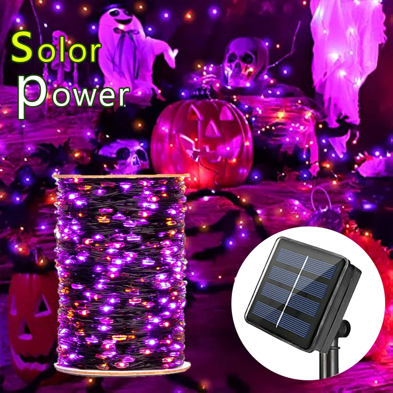 Guirnalda de luces LED solares para decoración de árbol de Navidad, lámpara Solar de 100M, color púrpura y naranja, ideal para Halloween y jardín