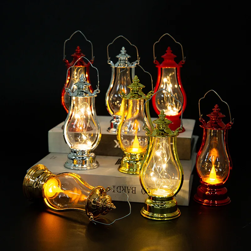 LED Retro โคมไฟน้ํามันขนาดเล็กหลากสีตกแต่งภายในโคมไฟตั้งโต๊ะแบบพกพาลมเทียนโคมไฟตกแต่งไฟน้ํามันก๊าด 2024