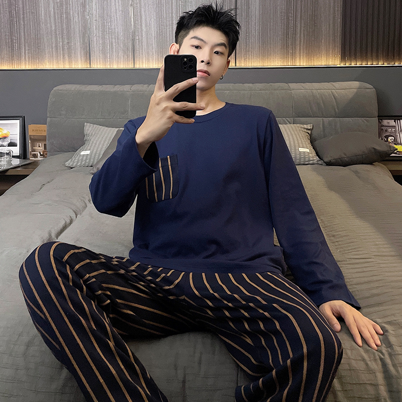 Pijamas informales de algodón para hombre, ropa de dormir de color liso, con Tops largos y pantalones, a la moda, novedad de primavera