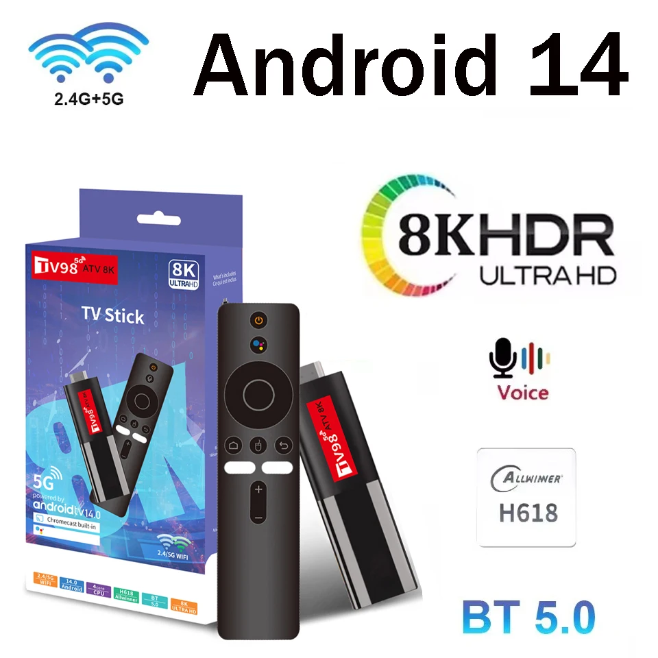 Android 14 tv stick tv98 atv 8k mini suporte 8k 4k vídeo bt5.0 4g 5g duplo wifi 6 controle remoto de voz h618 quad core a53 smart tv stick
