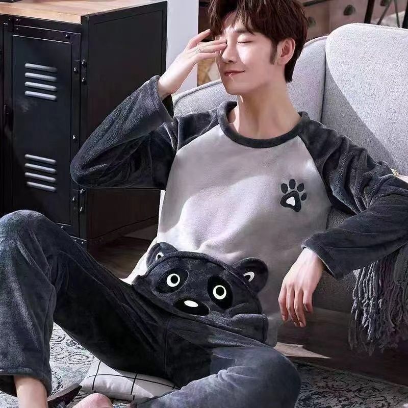 Conjunto de pijama de franela gruesa y cálida para hombre, ropa de dormir de terciopelo Coral, traje de dibujos animados, ropa de casa, manga larga, invierno, 2022
