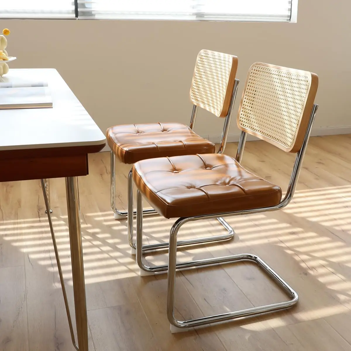 Faux Leather Rattan Side Accent Chairs with Chrome Legs,Modern Mid Century Designed Chairs for Dining,Living Room,Kitchen Chairs