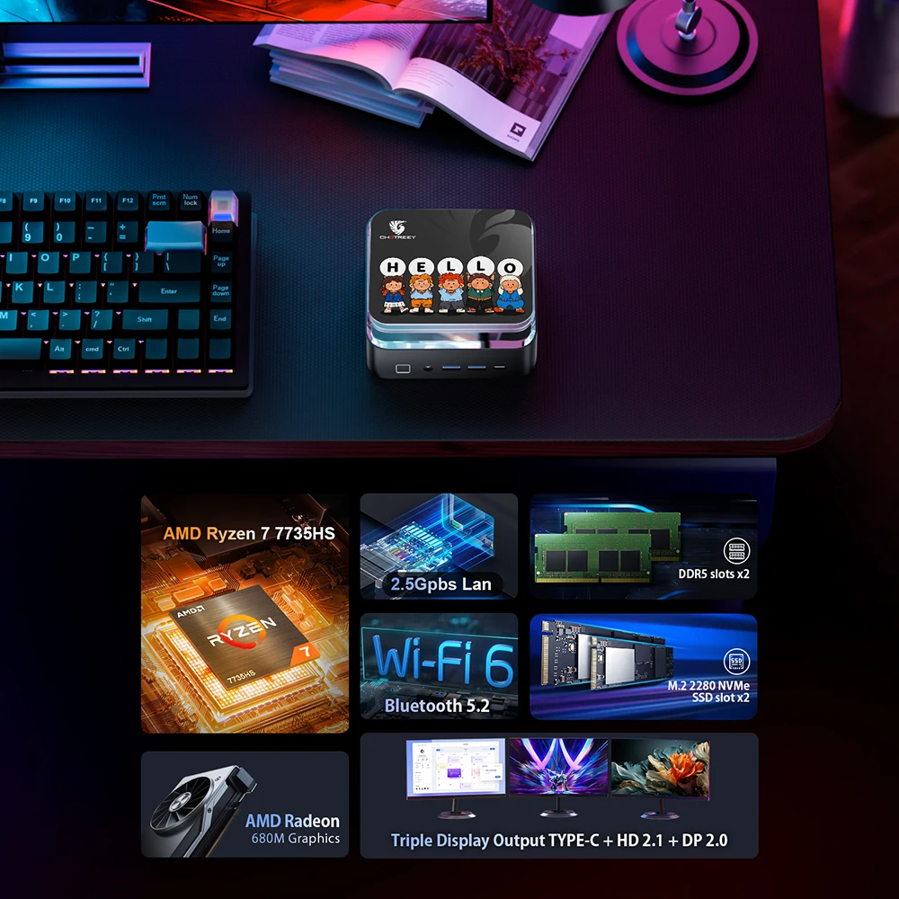 Chatreey AN3P Mini PC R7 7735HS 680M Gaming Desktop Computer with WiFi 6/Bluetooth 5.2/HDMI/DP