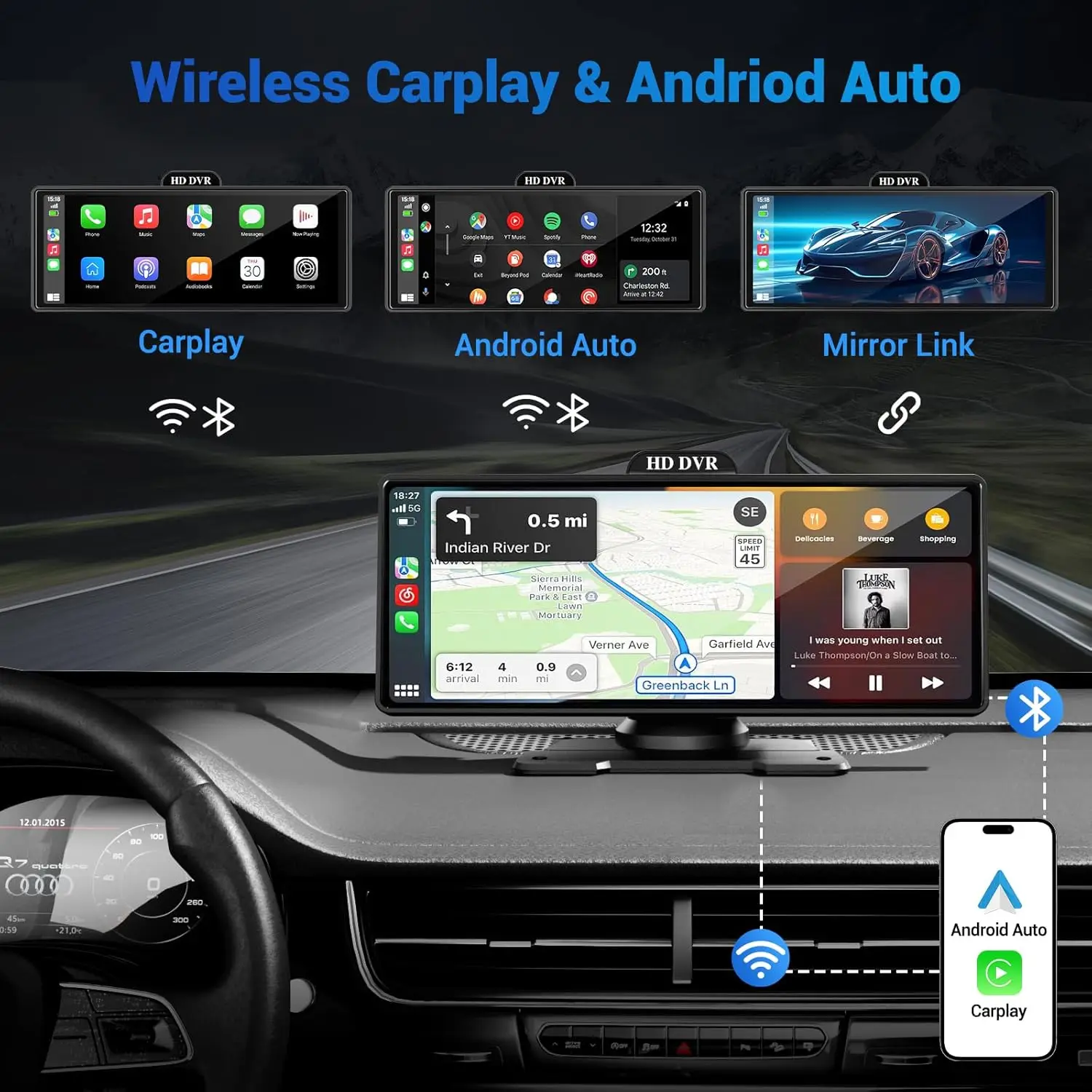 10/11.26 Polegada 4k dvr sem fio carplay & android auto traço cam bluetooth áudio gps navegação painel lente dupla gravador de vídeo